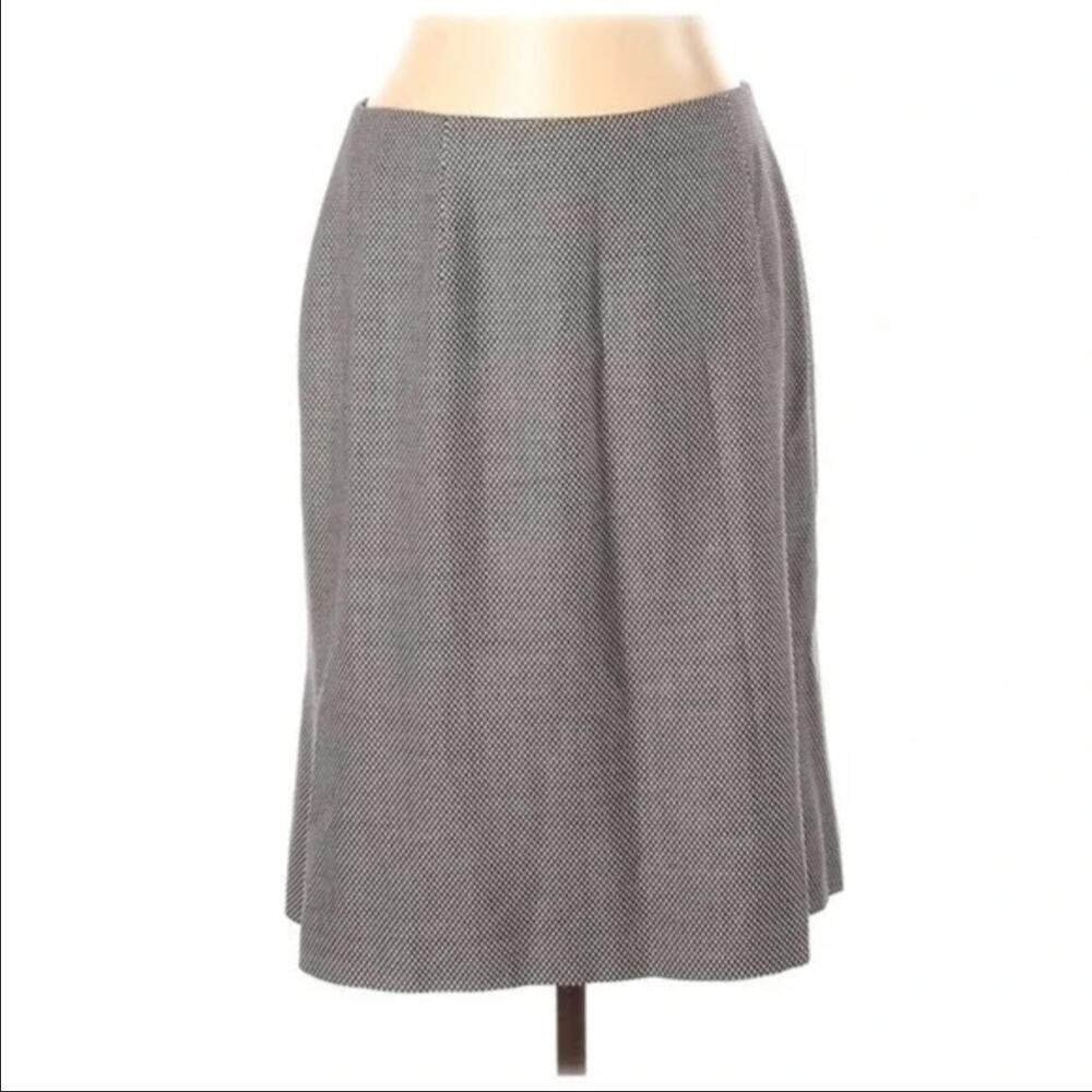 Escada Wool Midi Skirt Silk A-Line Stretch Back Zip White Black Large 44 34"